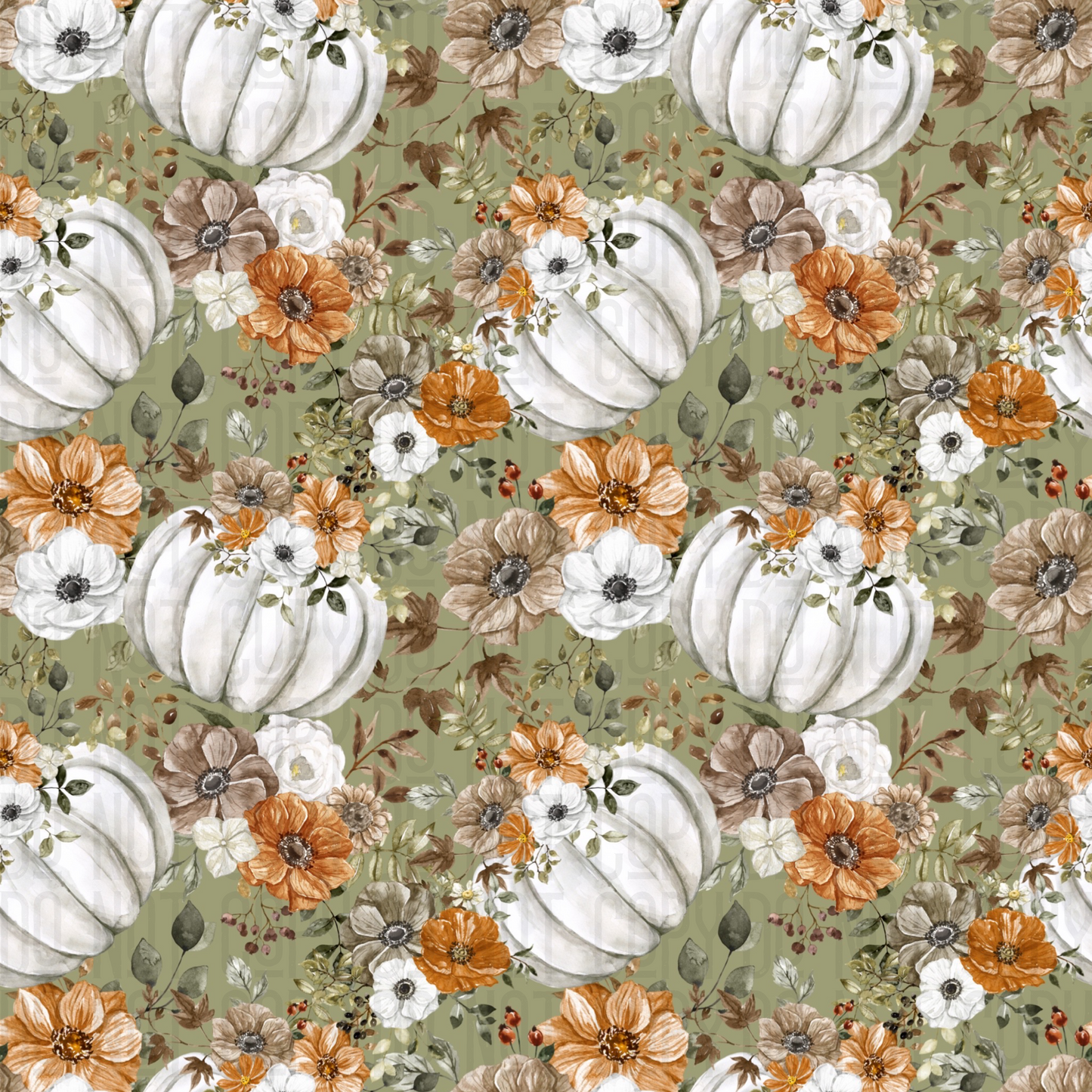 Floral Pumpkins Olive Green