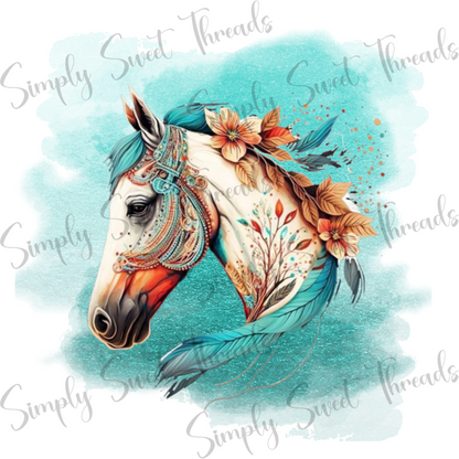 Teal Floral Horses PNG